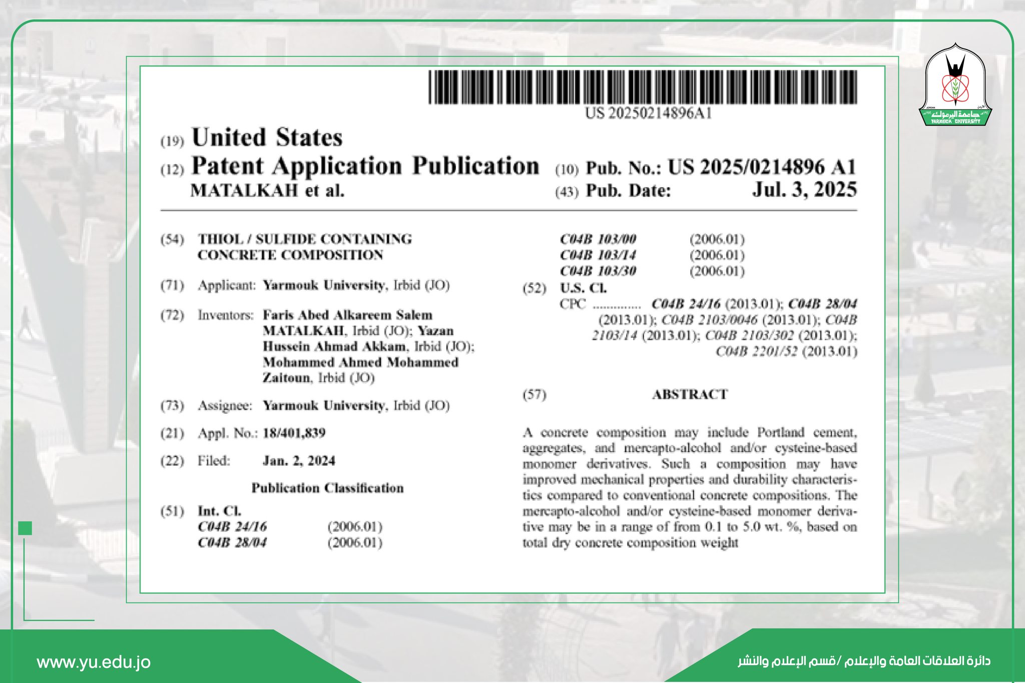 Research Team files Patent Application for Modified Concrete Composition with Thiol/Sulfide Compounds
