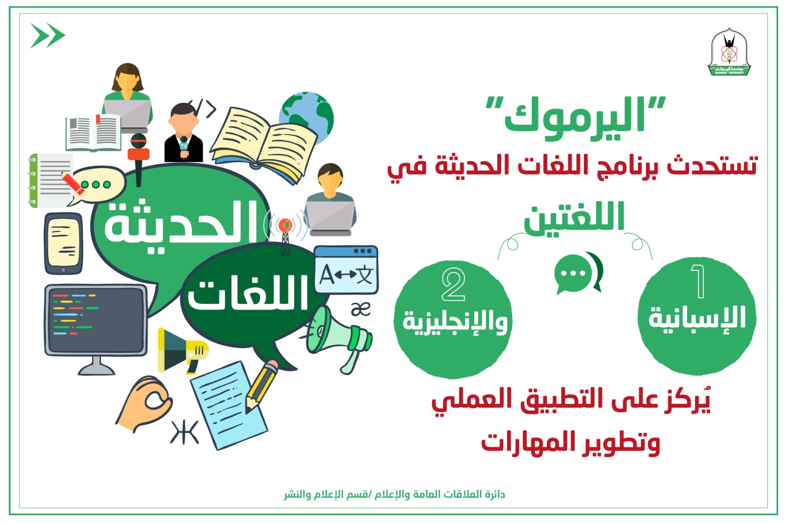 "اليرموك" تستحدث برنامج اللغات الحديثة في اللغتين الإسبانية والإنجليزية يُركز على التطبيق العملي وتطوير المهارات